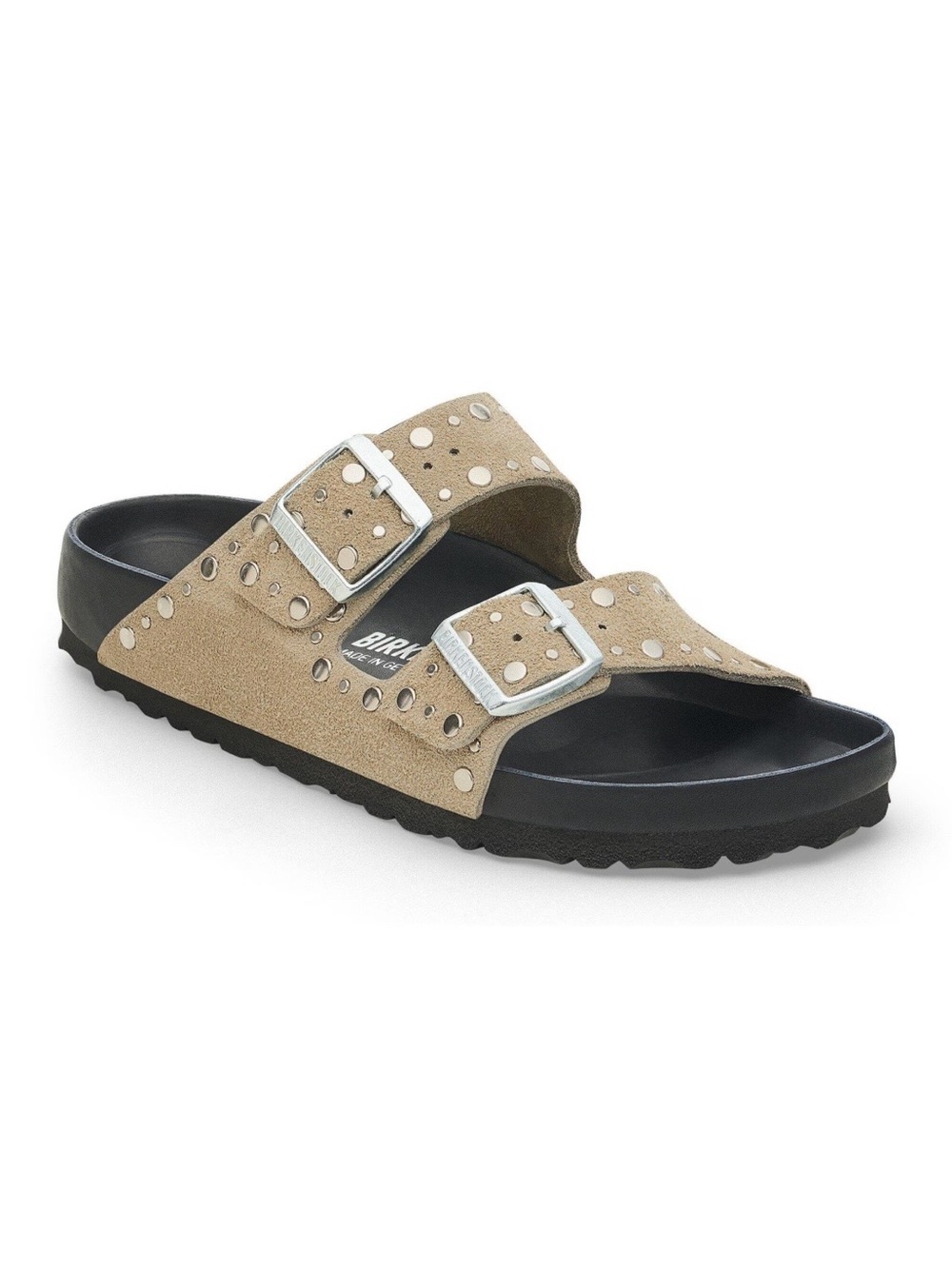 Birkenstock Arizona Suede Sandal with rivlets in Taupe and Black comes in box